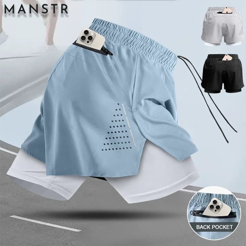 MANSTR M-5XL คุณภาพยิมวิ่งกางเกงกีฬาตาข่ายสองชั้นสั้นกางเกง 2ใน1กางเกงขาสั้นสําหรับผู้ชายและผู้หญิง จาก พอดี กางเกงขี่จักรยานสีดํา/สีเทา/สีฟ กางเกงโยคะ