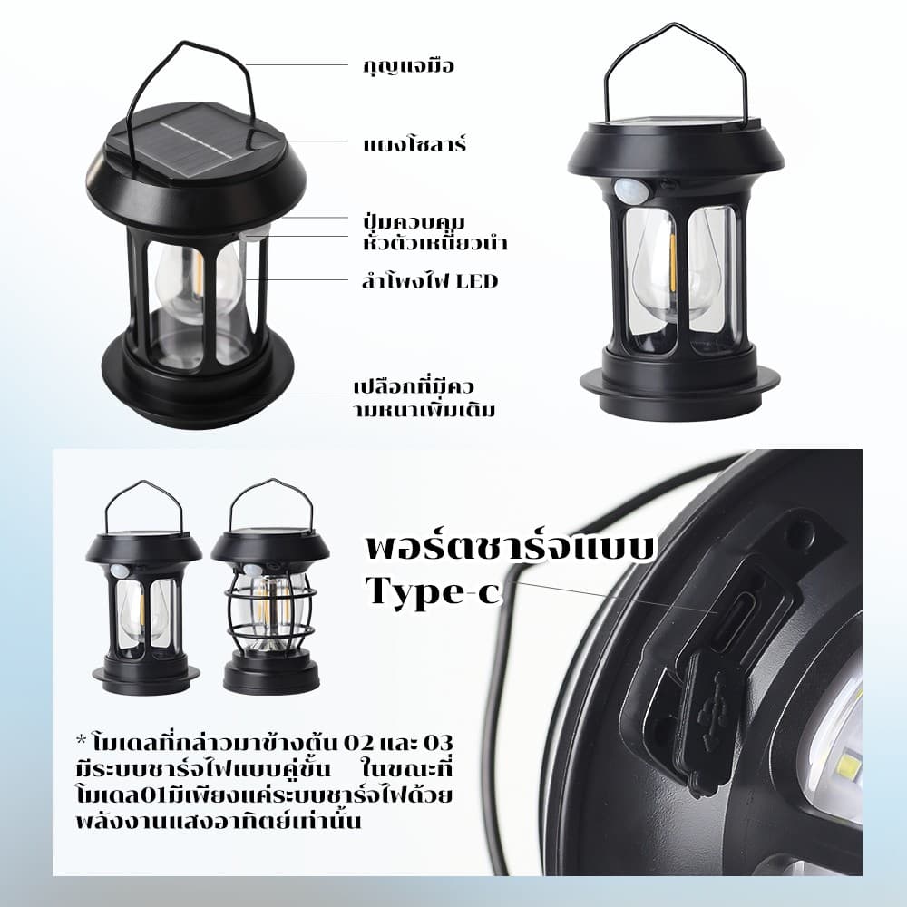 SEEDIQ ไฟแคมป์ปิ้งโซล่าเซลล์ 3 โหมด Solar and USB Rechargeable ดีไซน์ย้อนยุค แสงสว่างฉุกเฉิน รูปที่ 3