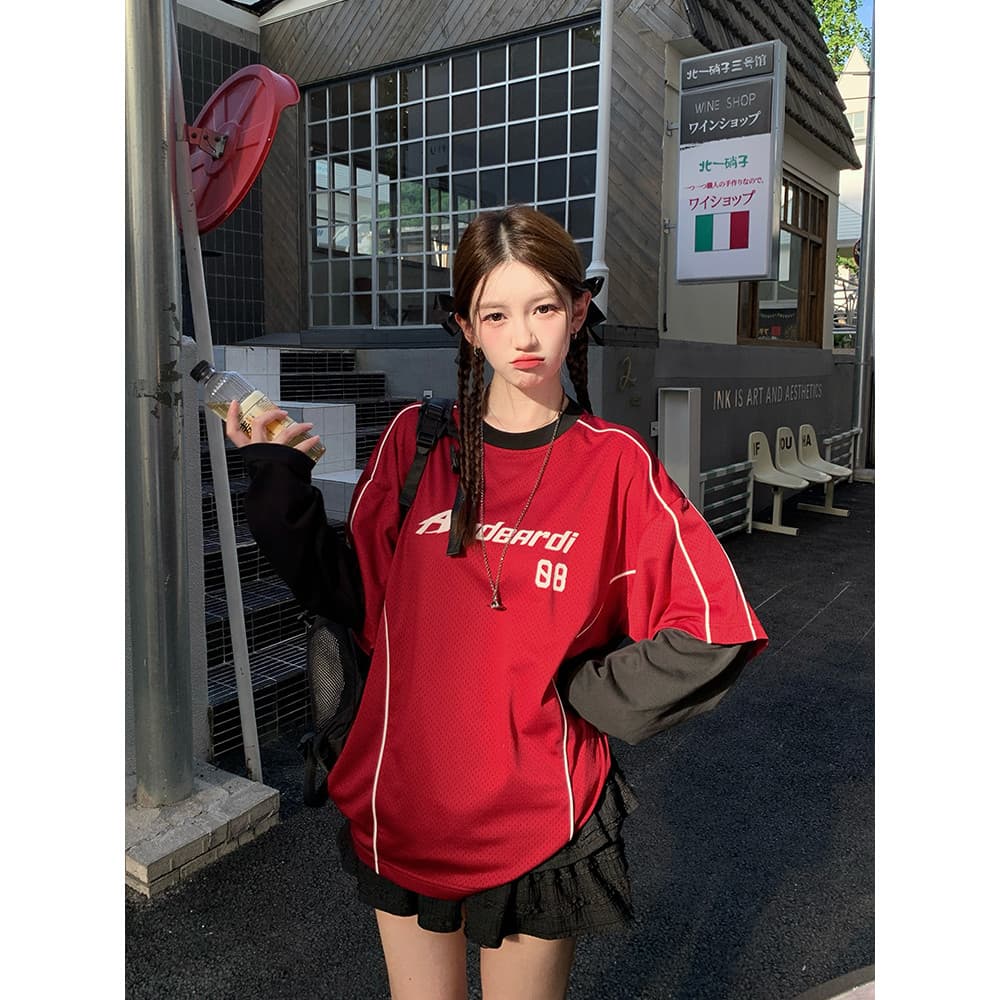 Solovely M-2XL ผู้หญิง สไตล์เกาหลี คอกลม เสื้อตัวบน สีบล็อก ลายพิมพ์ แขนยาว เสื้อยืด รูปที่ 1