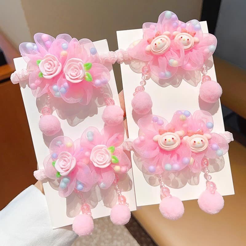 Dangle ยางรัดผมดอกไม้สีชมพู Scrunchies หางม้า สําหรับเด็ก รูปที่ 2