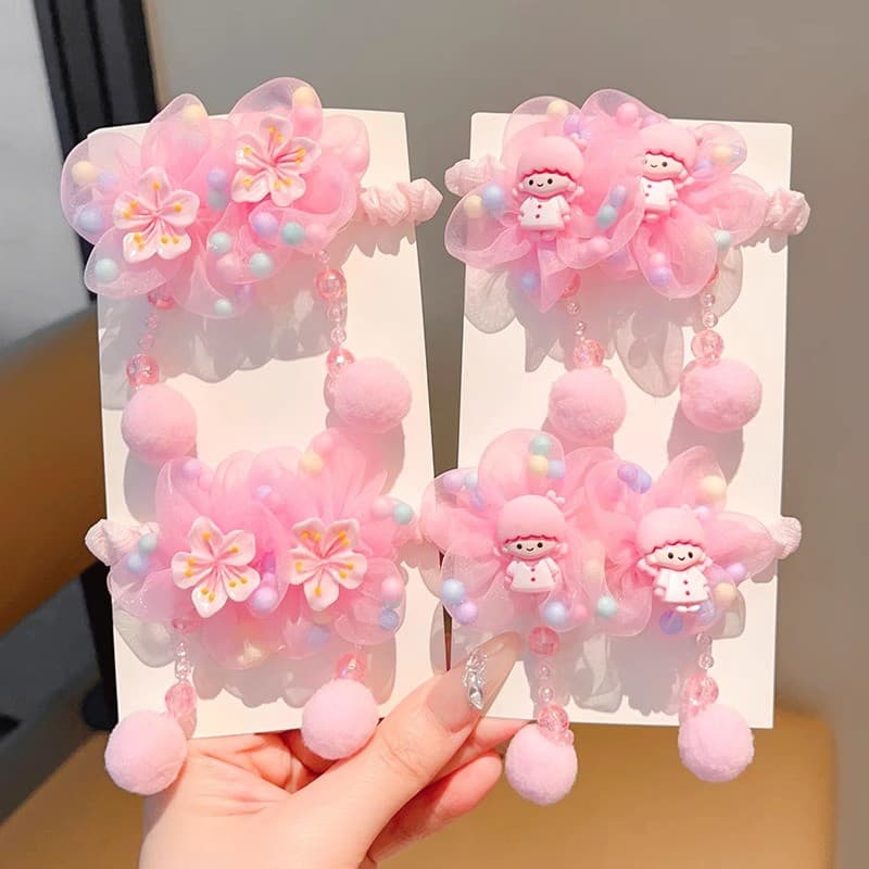 Dangle ยางรัดผมดอกไม้สีชมพู Scrunchies หางม้า สําหรับเด็ก รูปที่ 4