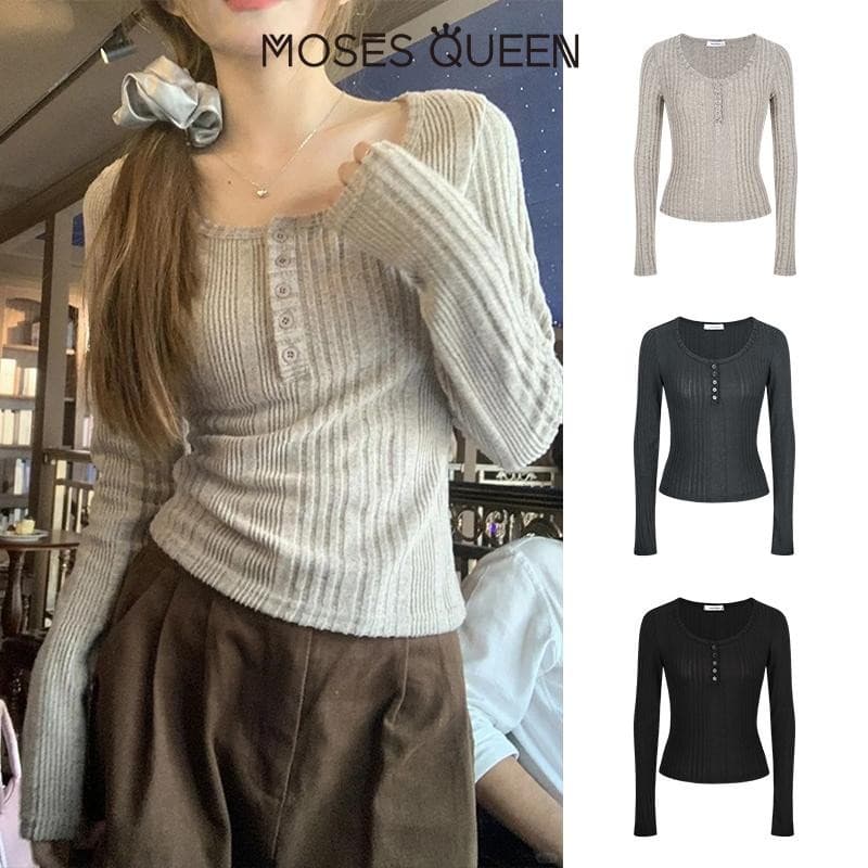 MOSESQUEEN กึ่งเปิดคอหลุมแถบแขนยาวผู้หญิงเนื้อความรู้สึกใหม่บางและบางด้านใน จุดต่ําสุด สูงสุด #62323 รูปที่ 1