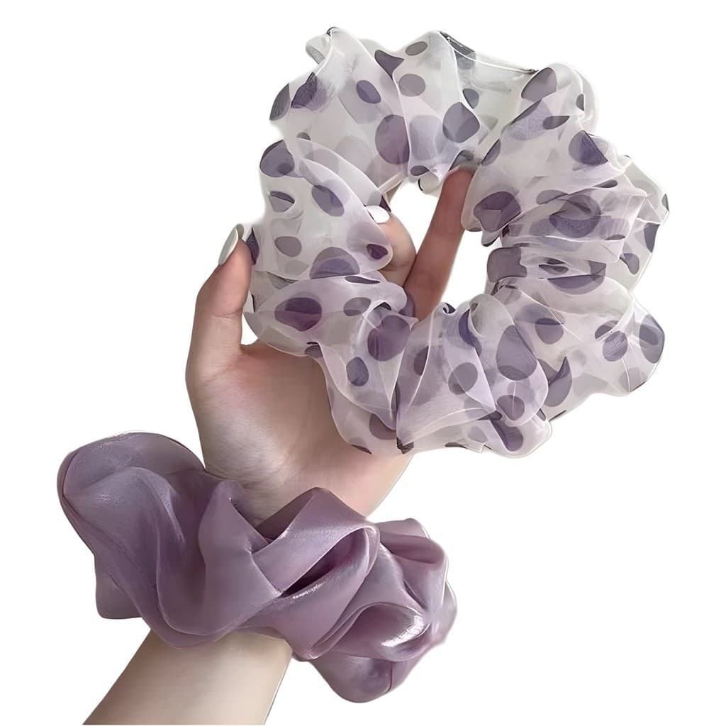 สีม่วงลายจุดตาข่าย Pearlescent Satin Scrunchy Hair Tie รูปที่ 5