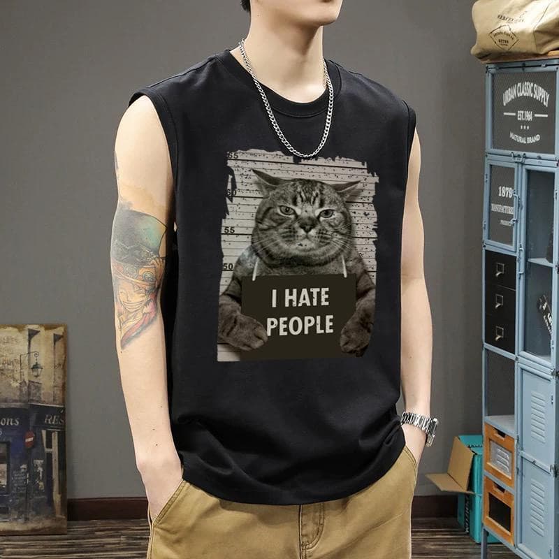 Y-T ! เสื้อแขนกุดoversize-เสื้อกั๊กแขนกุดชาย พิมพ์ "I HATE PEOPLE" ผ้าฝ้าย100% ทรงหลวม แนวสตรีท คุณภาพสูง รูปที่ 3