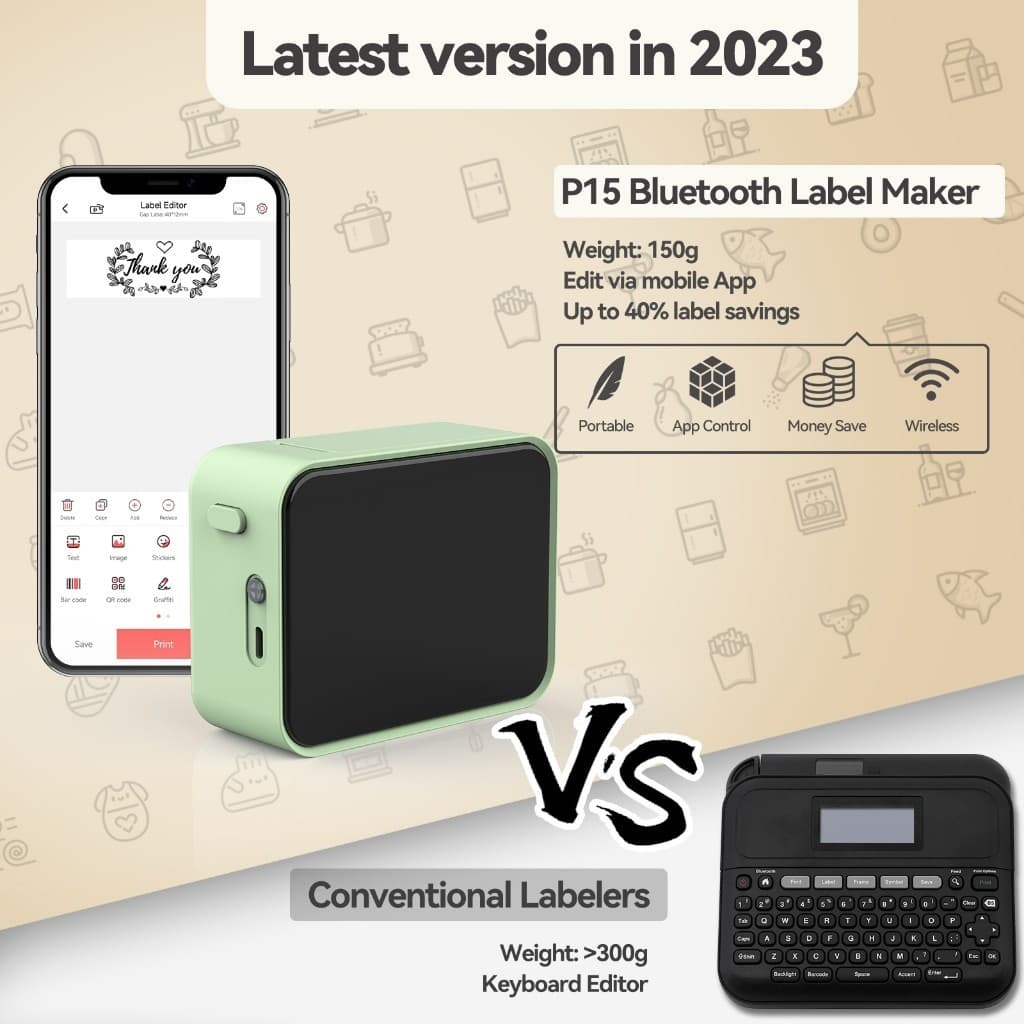 เครื่องพิมพ์ฉลากความร้อน P15 Bluetooth Label Sticker Printer Label Maker Machine Mini Portable Wireless Label Printer P12 Portable Glue Sticker Printer คล้ายกับ Marklife Niimbot รูปที่ 2