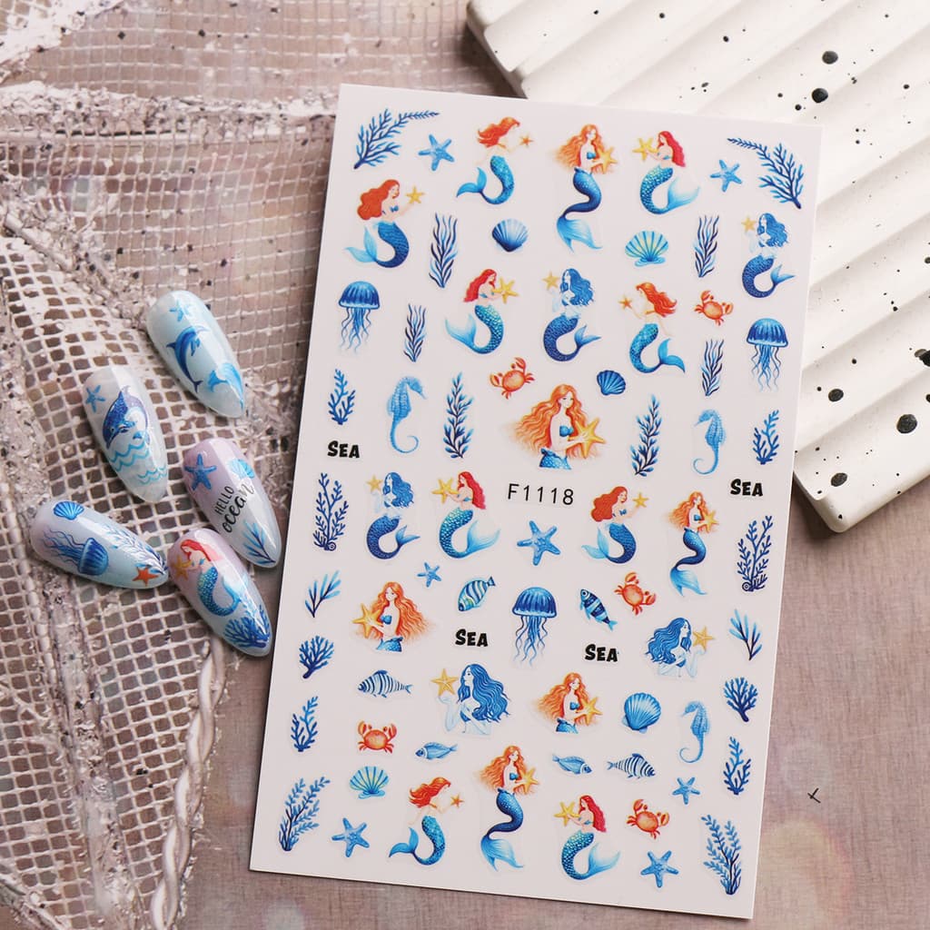 HAMA เล็บเล็บสติกเกอร์ขายส่งชายหาดฤดูร้อน Ocean Goldfish แมงกะพรุนสาหร่าย Dolphin Mermaid ผีเสื้อดอกไม้ตกแต่งเล็บสติกเกอร์ Decals รูปที่ 4