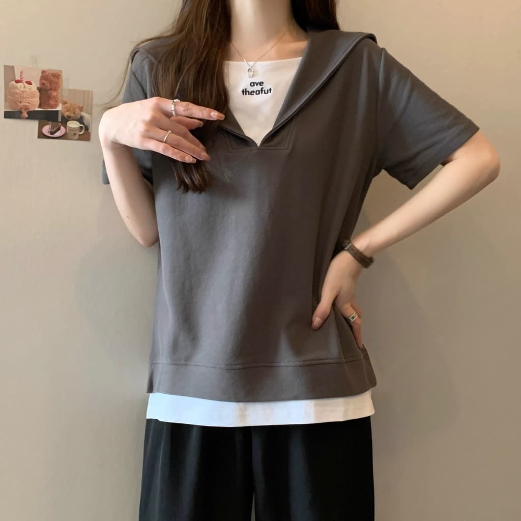 เสื้อยืดโอเวอร์ไซส์ ตัดแต่งตัดกัน ปลอม สองชิ้น สลิมฟิต เสื้อฤดูร้อน พลัสไซส์ เสื้อยืด Oversize รูปที่ 3