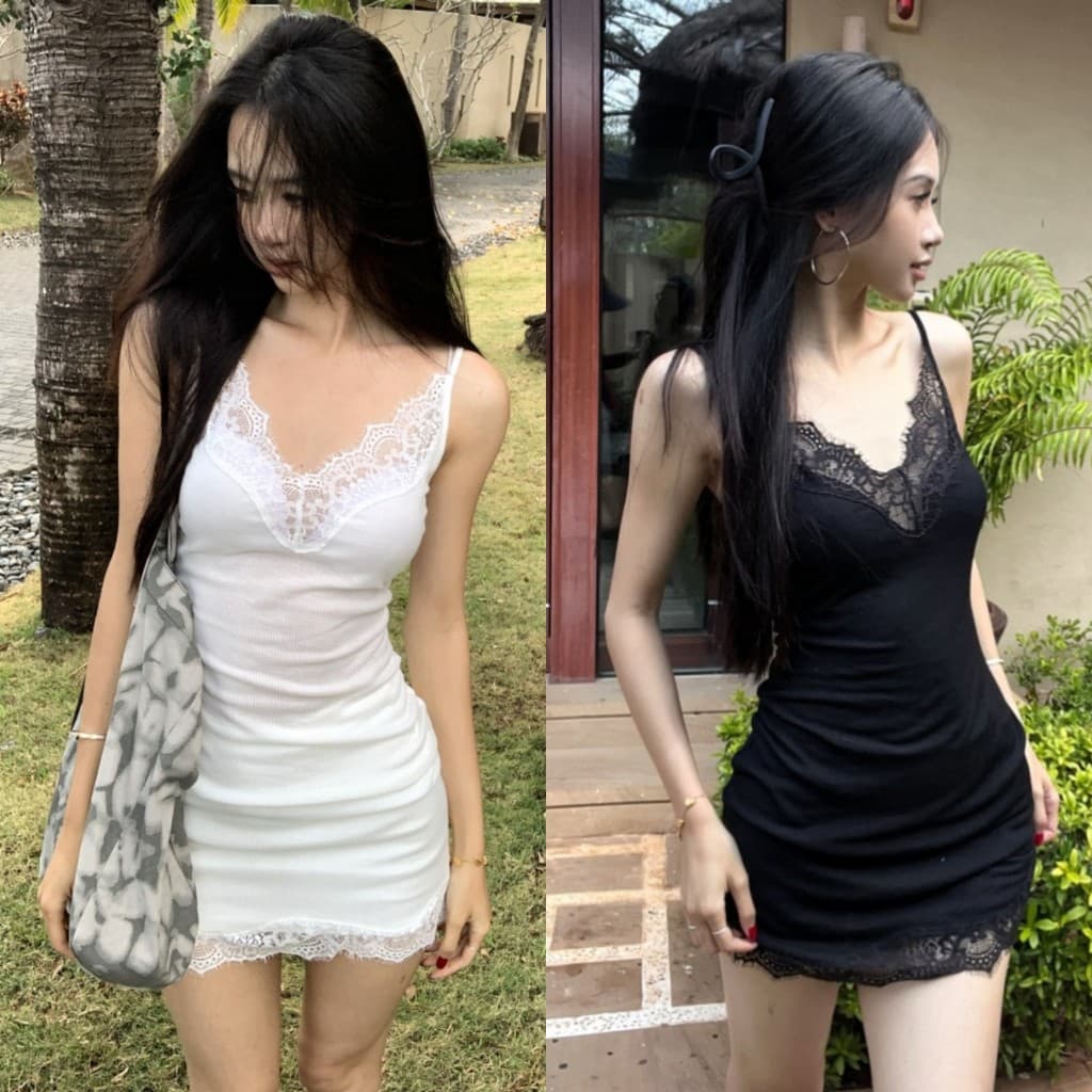 Evelynมินิเดรส สายเดี่ยว แต่งลูกไม้ เซ็กซี่ เข้ารูป ผ้าไหมพรม เดรสสั้น สไตล์เกาหลี สีพื้น ใส่ไปทะเล รูปที่ 1