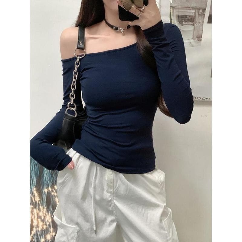 BIMI เสื้อยืดปาดไหล่แขนยาวแฟชั่นสตรีเซ็กซี่ เสื้อครอปทรงเข้ารูป ดีไซน์เรียบง่าย Women Clothing รูปที่ 5