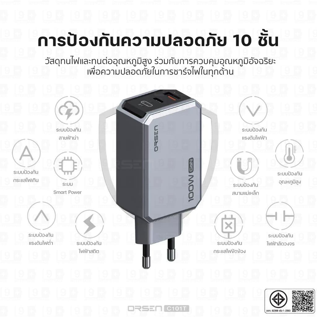 Orsen by Eloop C101T C102T GaN Charger 100W หัวชาร์จ PD QC PPS Type C adapter ชาร์จเร็ว มอก. รูปที่ 3