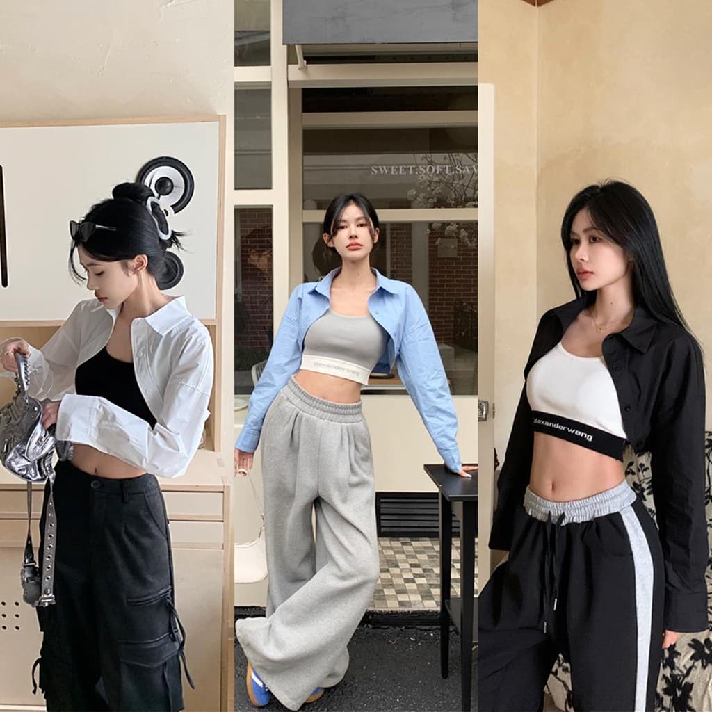 Grace เสื้อแขนยาวสไตล์เกาหลี เสื้อเชิ้ตผู้หญิง เสื้อครอป เสื้อแขนยาวสีขาว #W415 รูปที่ 1