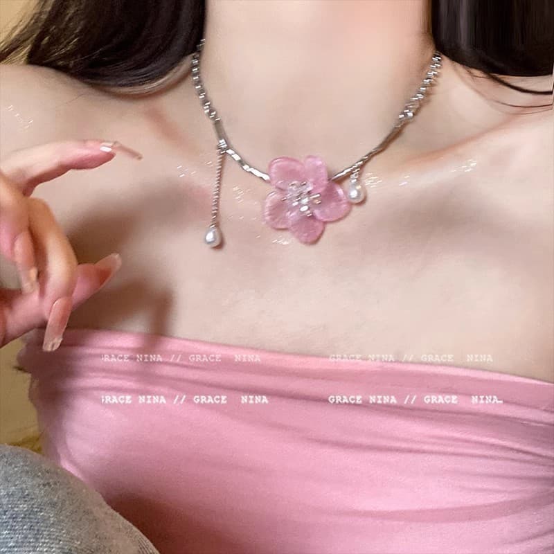 หรูหรา Niche สีชมพูหวานดอกไม้ Collarbone Chain อารมณ์อเนกประสงค์หญิงพู่ Collarbone Chain รูปที่ 3