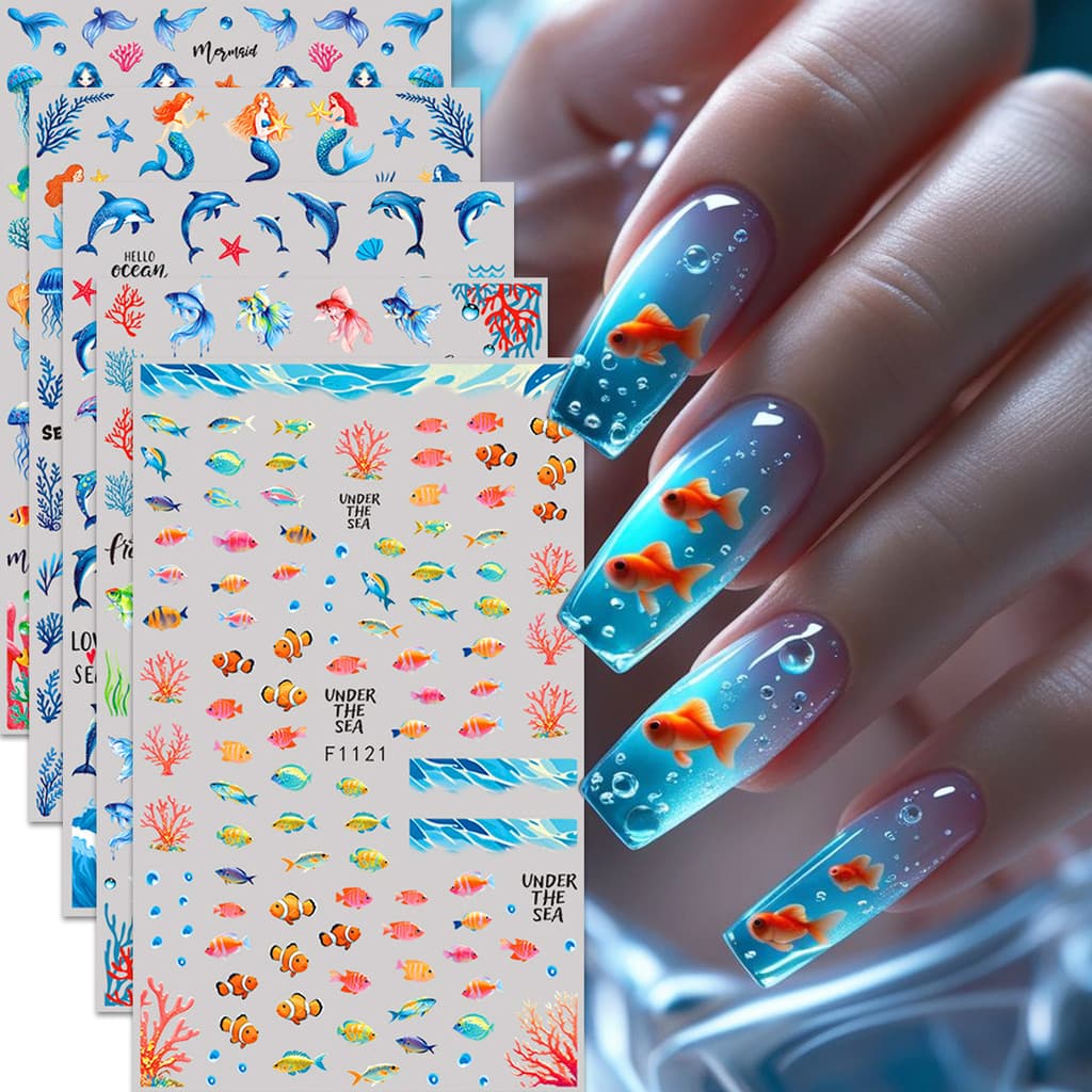 HAMA เล็บเล็บสติกเกอร์ขายส่งชายหาดฤดูร้อน Ocean Goldfish แมงกะพรุนสาหร่าย Dolphin Mermaid ผีเสื้อดอกไม้ตกแต่งเล็บสติกเกอร์ Decals รูปที่ 1