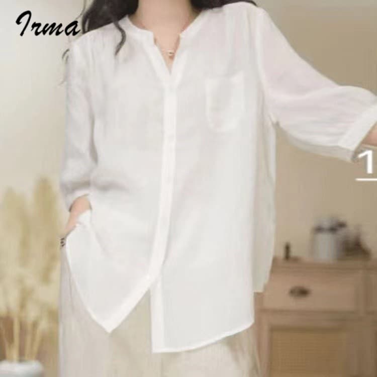 หลวมขนาดบวกด้านบนฤดูร้อนสีทึบและเสื้อคอวีสำหรับผู้หญิงเสื้อเชิ้ตใยกา รูปที่ 2