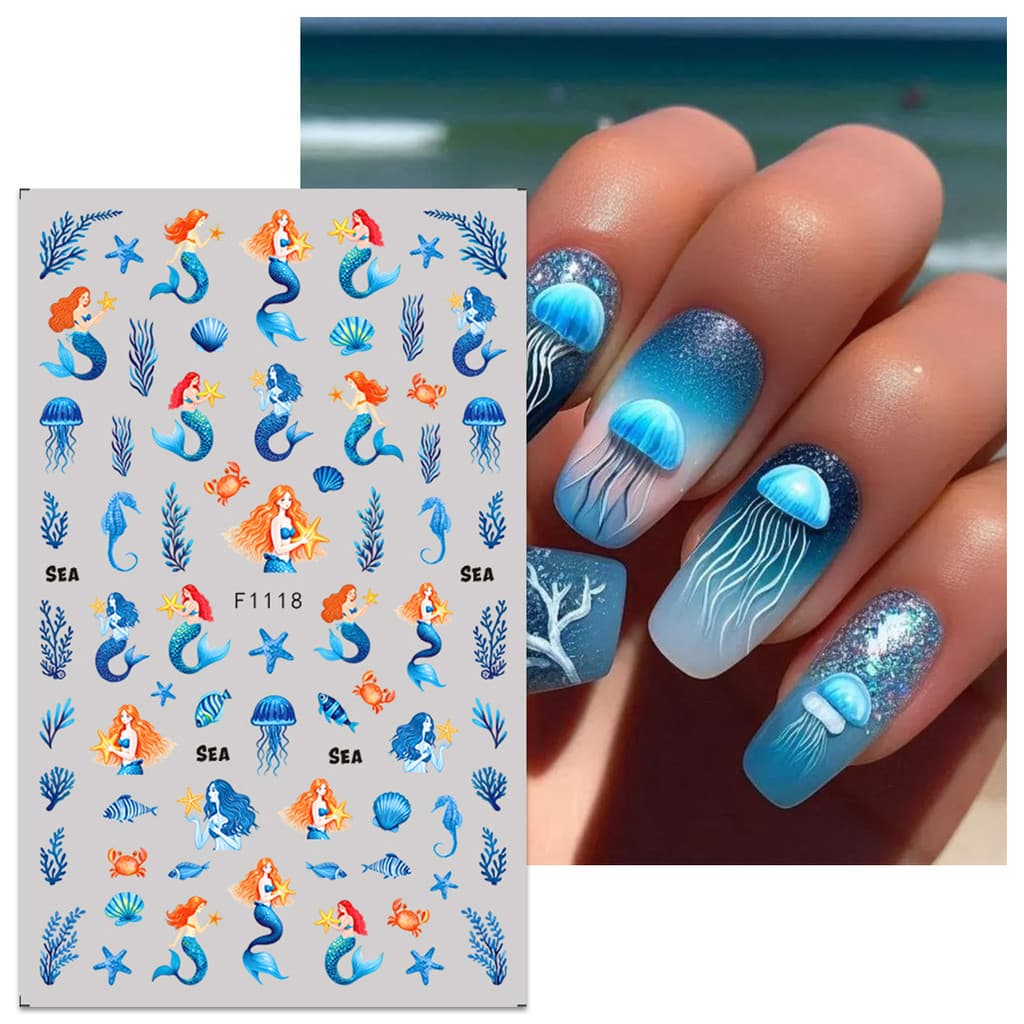HAMA เล็บเล็บสติกเกอร์ขายส่งชายหาดฤดูร้อน Ocean Goldfish แมงกะพรุนสาหร่าย Dolphin Mermaid ผีเสื้อดอกไม้ตกแต่งเล็บสติกเกอร์ Decals รูปที่ 6
