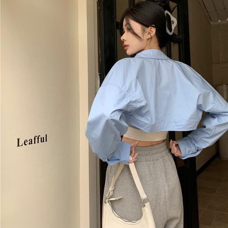 Grace เสื้อแขนยาวสไตล์เกาหลี เสื้อเชิ้ตผู้หญิง เสื้อครอป เสื้อแขนยาวสีขาว #W415 รูปที่ 5
