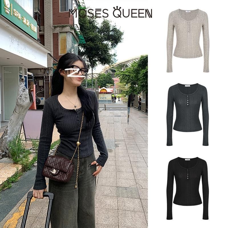 MOSESQUEEN กึ่งเปิดคอหลุมแถบแขนยาวผู้หญิงเนื้อความรู้สึกใหม่บางและบางด้านใน จุดต่ําสุด สูงสุด #62323 รูปที่ 7
