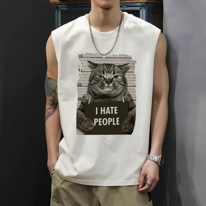 Y-T ! เสื้อแขนกุดoversize-เสื้อกั๊กแขนกุดชาย พิมพ์ "I HATE PEOPLE" ผ้าฝ้าย100% ทรงหลวม แนวสตรีท คุณภาพสูง รูปที่ 4