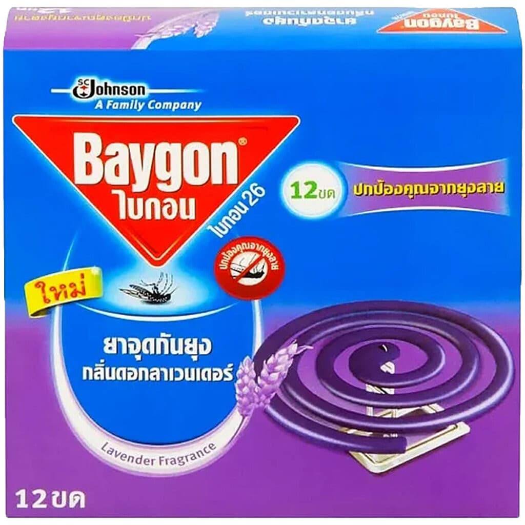 LeeMart ยาจุด กันยุง ชนิดขด ไบกอน Baygon 12Pcs ไบก้อน ขด กันยุง ควันน้อย ไม่ฉุน กล่อง 12 ขด สีม่วง กลิ่น ลาเวนเดอร์ รูปที่ 1