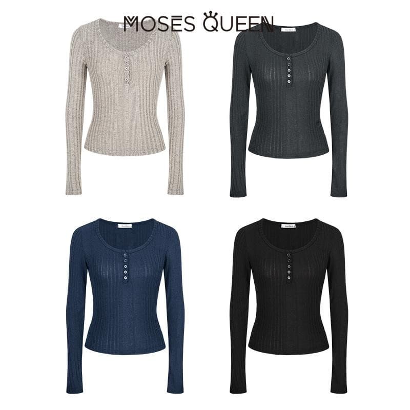 MOSESQUEEN กึ่งเปิดคอหลุมแถบแขนยาวผู้หญิงเนื้อความรู้สึกใหม่บางและบางด้านใน จุดต่ําสุด สูงสุด #62323 รูปที่ 9