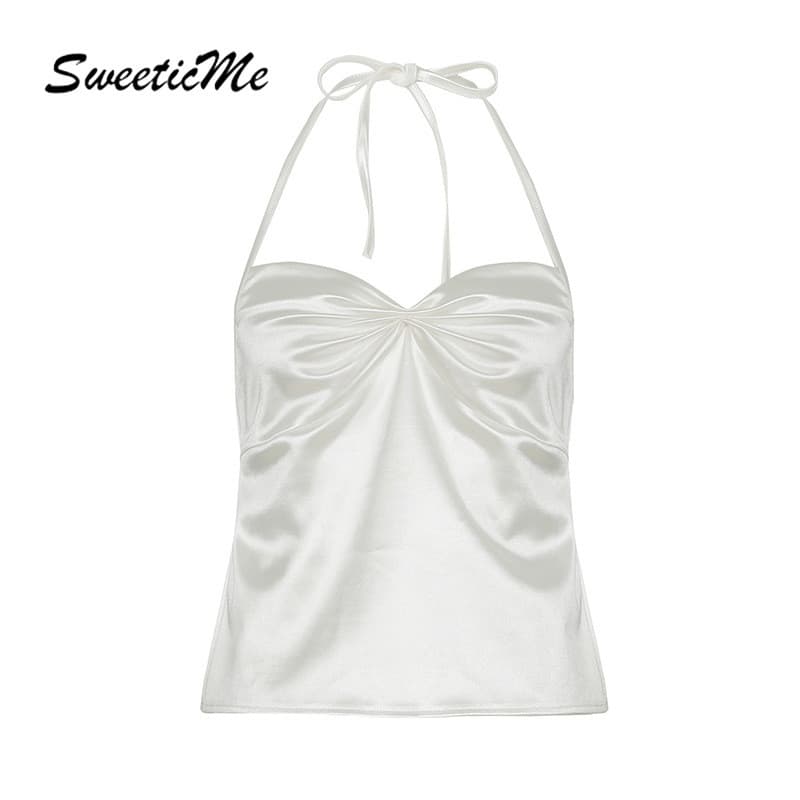 SweeticMe ผู้หญิง 2025 ใหม่แฟชั่นสีทึบเซ็กซี่ Backless Halter เสื้อกล้าม Camisole รูปที่ 1