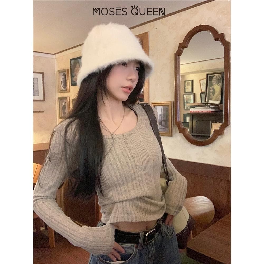 MOSESQUEEN กึ่งเปิดคอหลุมแถบแขนยาวผู้หญิงเนื้อความรู้สึกใหม่บางและบางด้านใน จุดต่ําสุด สูงสุด #62323 รูปที่ 8