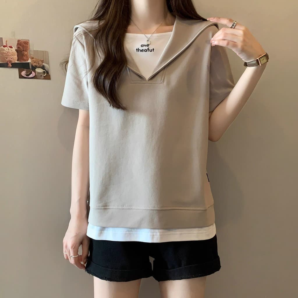 เสื้อยืดโอเวอร์ไซส์ ตัดแต่งตัดกัน ปลอม สองชิ้น สลิมฟิต เสื้อฤดูร้อน พลัสไซส์ เสื้อยืด Oversize รูปที่ 4