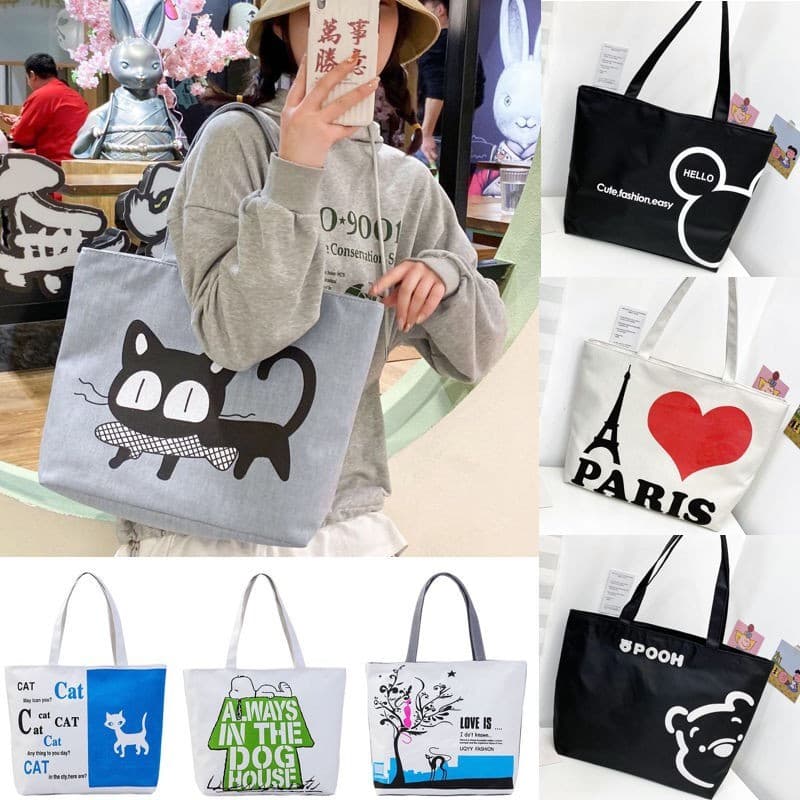 V-shop2 กระเป๋าผ้าแฟชั่น ขนาดใหญ่ ลายน่ารัก มีซิป แบบถือสะพายไหล่กระเป๋าผ้า TOTE สไตล์ญี่ปุ่น รูปที่ 1