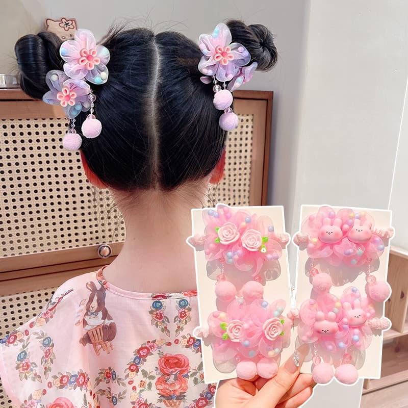 Dangle ยางรัดผมดอกไม้สีชมพู Scrunchies หางม้า สําหรับเด็ก รูปที่ 3