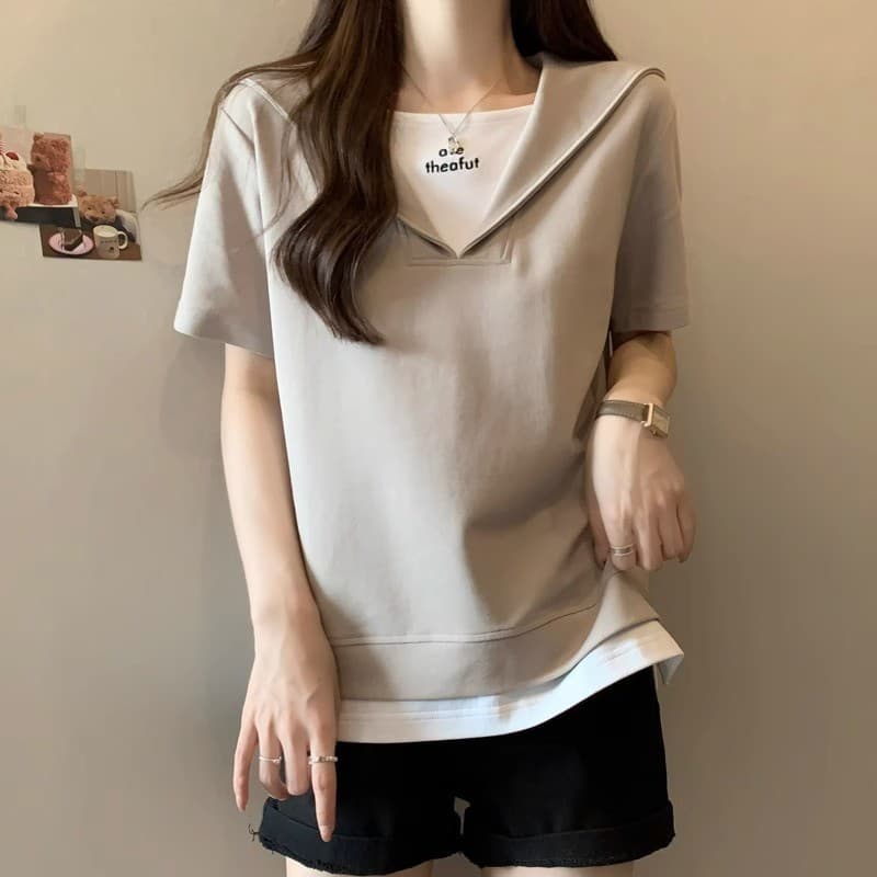 เสื้อยืดโอเวอร์ไซส์ ตัดแต่งตัดกัน ปลอม สองชิ้น สลิมฟิต เสื้อฤดูร้อน พลัสไซส์ เสื้อยืด Oversize รูปที่ 2
