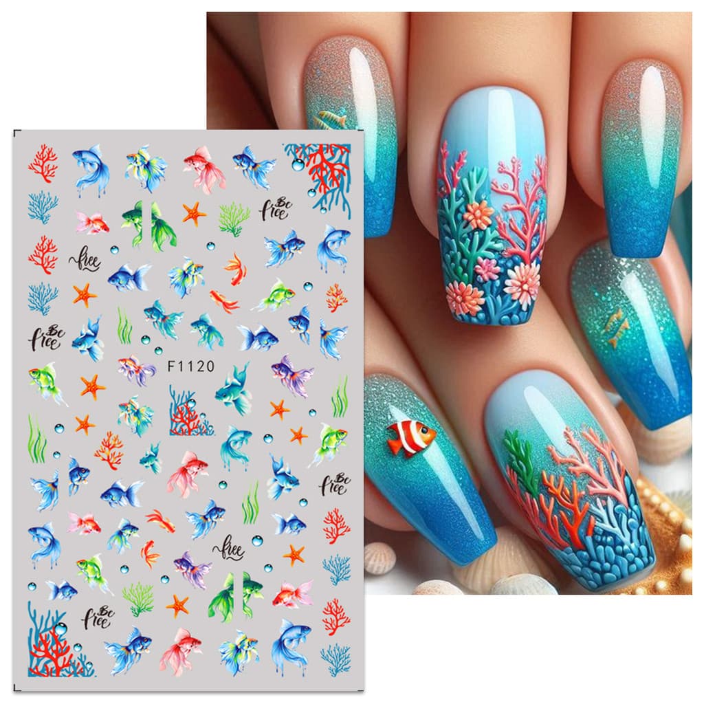 HAMA เล็บเล็บสติกเกอร์ขายส่งชายหาดฤดูร้อน Ocean Goldfish แมงกะพรุนสาหร่าย Dolphin Mermaid ผีเสื้อดอกไม้ตกแต่งเล็บสติกเกอร์ Decals รูปที่ 8