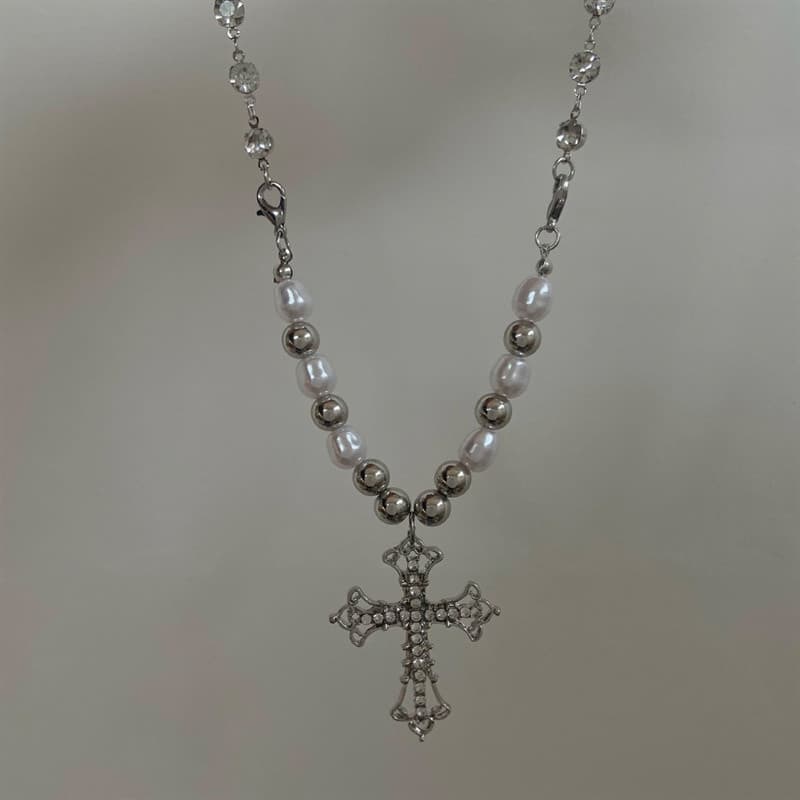 Benge Hip Hop Gothic คริสตัลสร้อยคอไข่มุก Cross จี้เครื่องประดับของขวัญสําหรับผู้ชายผู้หญิงอุปกรณ์เสริม รูปที่ 4