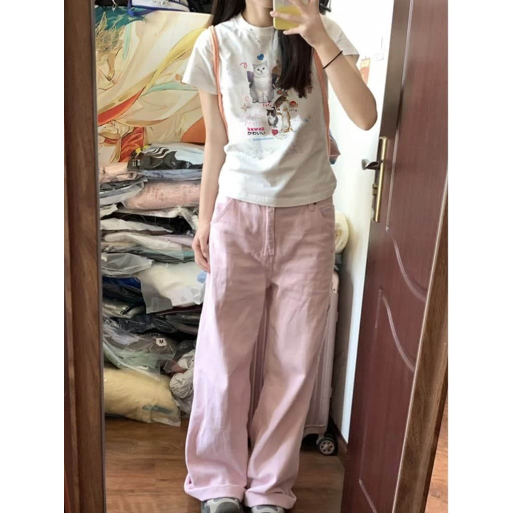 OOOK Officialเสื้อยืดสั้นแขนสั้น ผ้าฝ้าย 100% คอเสื้อตรงจากไหล่ พิมพ์ลายแมวสไตล์รัดรูปเสื้อท่อนบน รูปที่ 2
