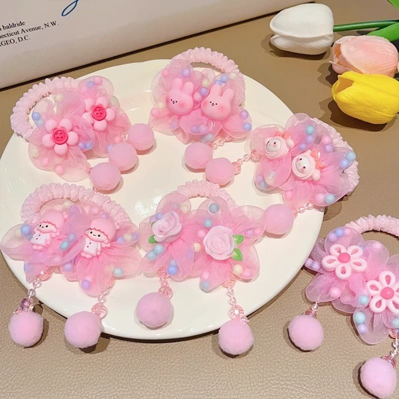 Dangle ยางรัดผมดอกไม้สีชมพู Scrunchies หางม้า สําหรับเด็ก รูปที่ 8