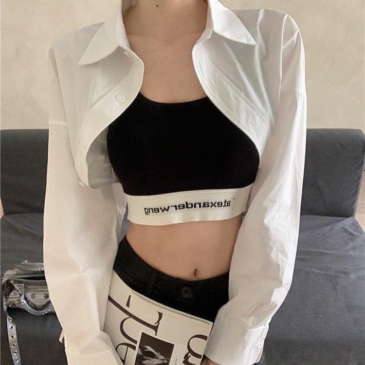 Grace เสื้อแขนยาวสไตล์เกาหลี เสื้อเชิ้ตผู้หญิง เสื้อครอป เสื้อแขนยาวสีขาว #W415 รูปที่ 6