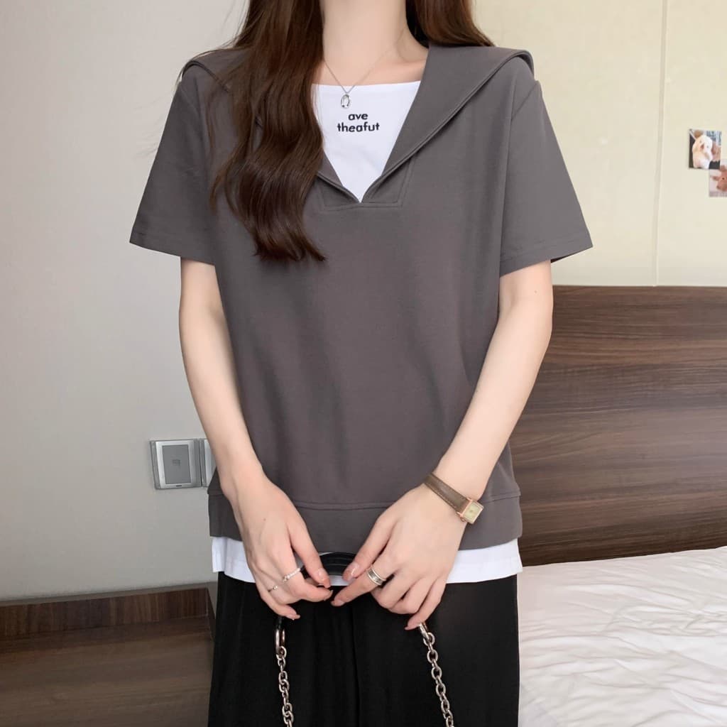 เสื้อยืดโอเวอร์ไซส์ ตัดแต่งตัดกัน ปลอม สองชิ้น สลิมฟิต เสื้อฤดูร้อน พลัสไซส์ เสื้อยืด Oversize รูปที่ 6