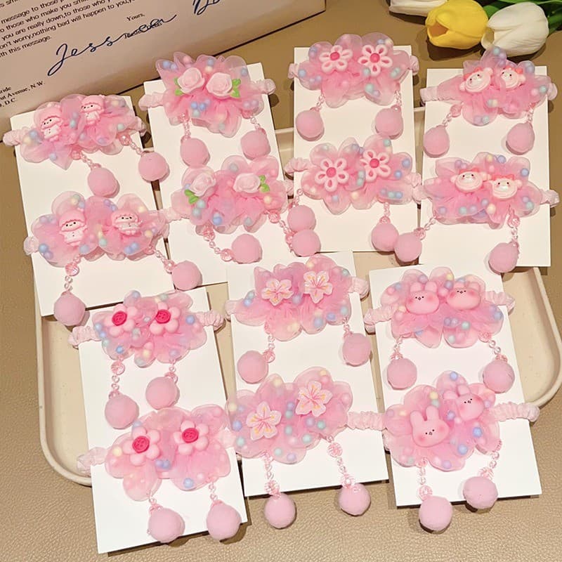 Dangle ยางรัดผมดอกไม้สีชมพู Scrunchies หางม้า สําหรับเด็ก รูปที่ 9