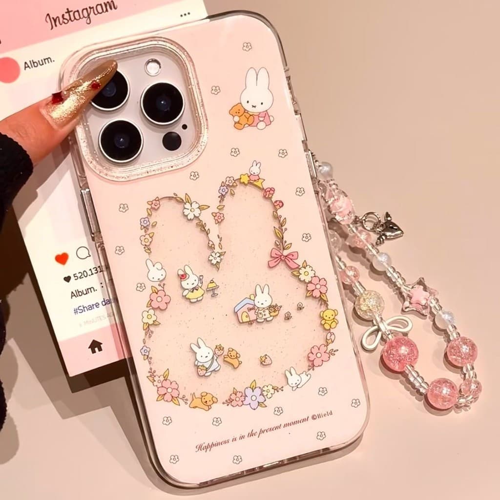 การ์ตูนน่ารักกระต่ายน้อยสีสันดอกไม้ เคส IPhone 11 17 16 15 12 13 Pro Max 8 7 8Plus X 7Plus XR 14 Plus XS Max SE2020 รูปที่ 4