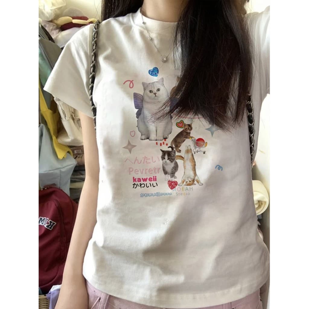 OOOK Officialเสื้อยืดสั้นแขนสั้น ผ้าฝ้าย 100% คอเสื้อตรงจากไหล่ พิมพ์ลายแมวสไตล์รัดรูปเสื้อท่อนบน รูปที่ 3