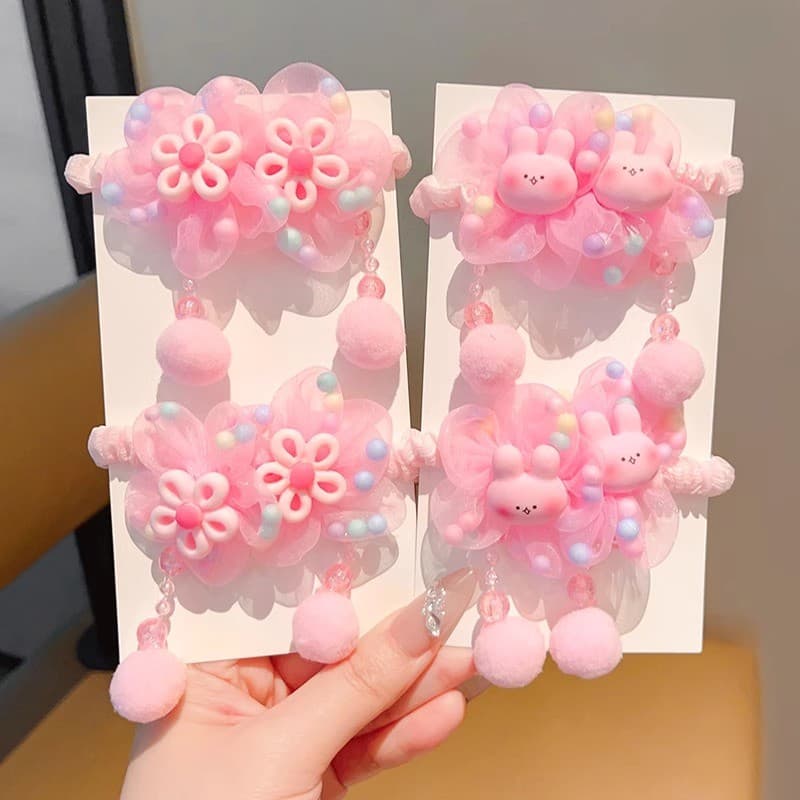 Dangle ยางรัดผมดอกไม้สีชมพู Scrunchies หางม้า สําหรับเด็ก รูปที่ 5