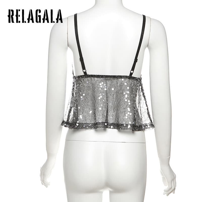 RELAGALA เสื้อกล้ามสำหรับผู้หญิง 2025 ฤดูร้อนใหม่เซ็กซี่ Sequined Suspender V คอ Halter สั้นสีทึบ รูปที่ 7