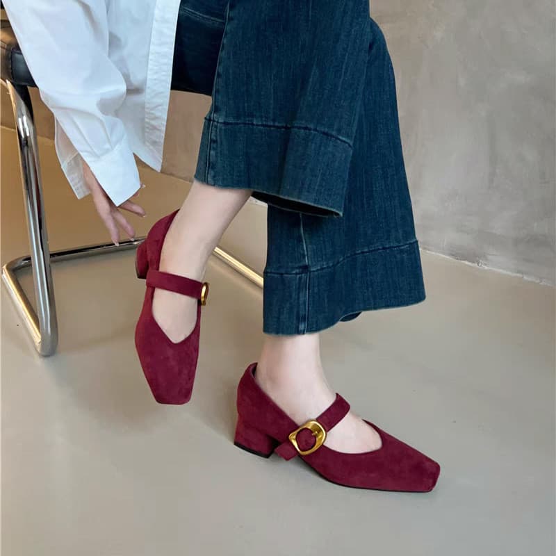 Atikota รองเท้าส้นสูงผู้หญิงสุภาพสตรีหัวเข็มขัดปรับได้ Chunky Square Toe Suede แฟชั่นรองเท้าส้นสูงรองเท้าแตะ รูปที่ 5