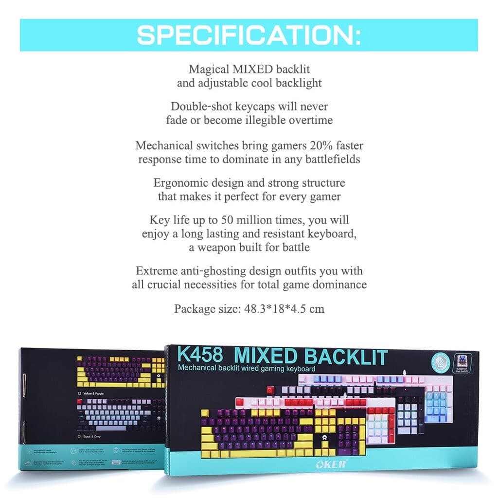 OKER K458 MIXED BACKLIT GAMING KEYBORAD คีย์บอร์ดเกมมิ่ง รูปที่ 6