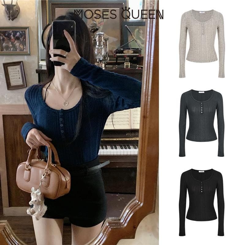 MOSESQUEEN กึ่งเปิดคอหลุมแถบแขนยาวผู้หญิงเนื้อความรู้สึกใหม่บางและบางด้านใน จุดต่ําสุด สูงสุด #62323 รูปที่ 6