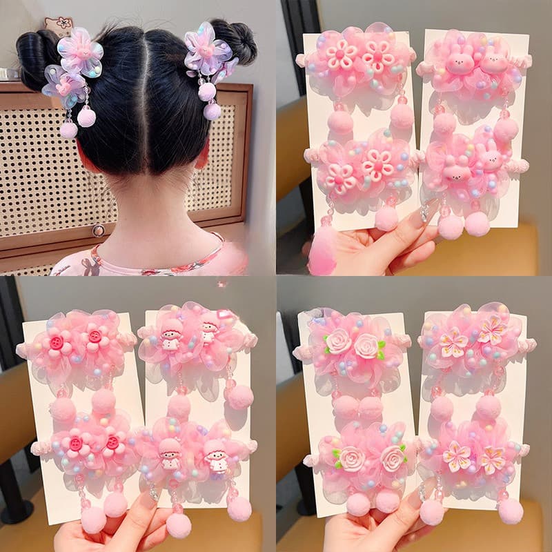 Dangle ยางรัดผมดอกไม้สีชมพู Scrunchies หางม้า สําหรับเด็ก รูปที่ 1