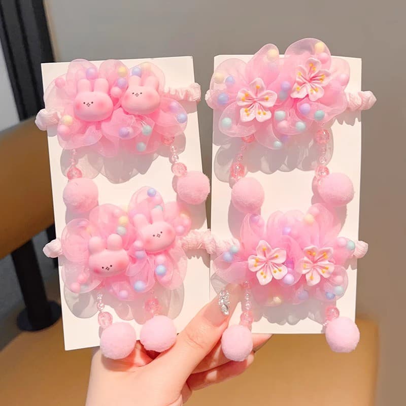 Dangle ยางรัดผมดอกไม้สีชมพู Scrunchies หางม้า สําหรับเด็ก รูปที่ 7