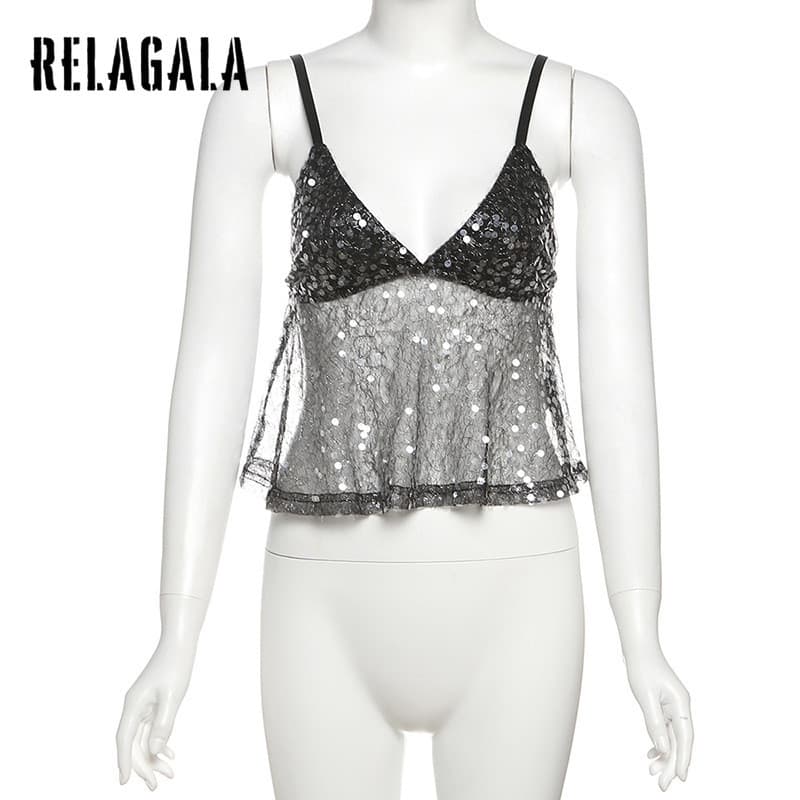 RELAGALA เสื้อกล้ามสำหรับผู้หญิง 2025 ฤดูร้อนใหม่เซ็กซี่ Sequined Suspender V คอ Halter สั้นสีทึบ รูปที่ 6