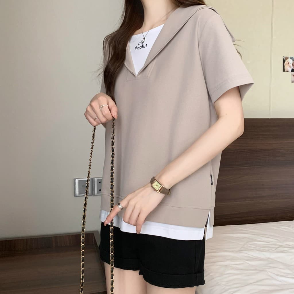 เสื้อยืดโอเวอร์ไซส์ ตัดแต่งตัดกัน ปลอม สองชิ้น สลิมฟิต เสื้อฤดูร้อน พลัสไซส์ เสื้อยืด Oversize รูปที่ 7