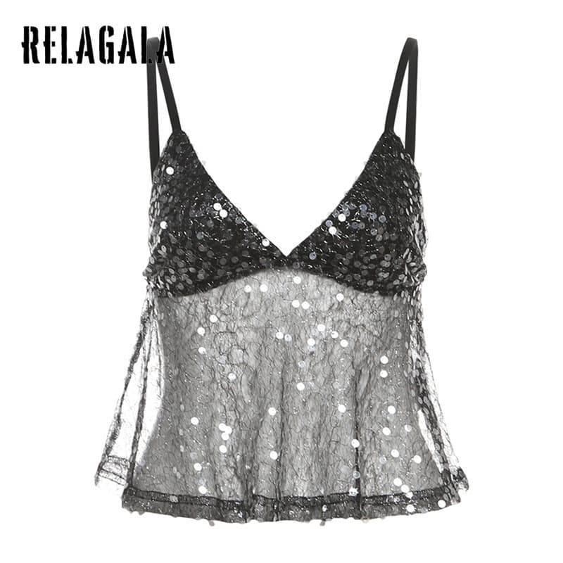 RELAGALA เสื้อกล้ามสำหรับผู้หญิง 2025 ฤดูร้อนใหม่เซ็กซี่ Sequined Suspender V คอ Halter สั้นสีทึบ รูปที่ 1