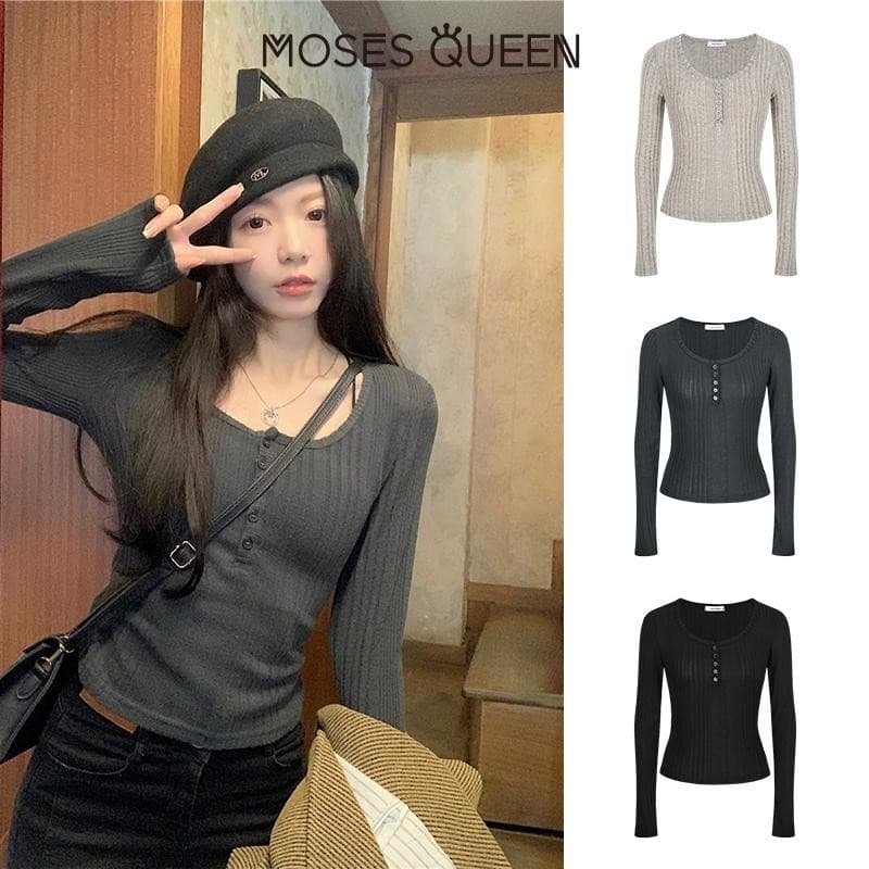 MOSESQUEEN กึ่งเปิดคอหลุมแถบแขนยาวผู้หญิงเนื้อความรู้สึกใหม่บางและบางด้านใน จุดต่ําสุด สูงสุด #62323 รูปที่ 5